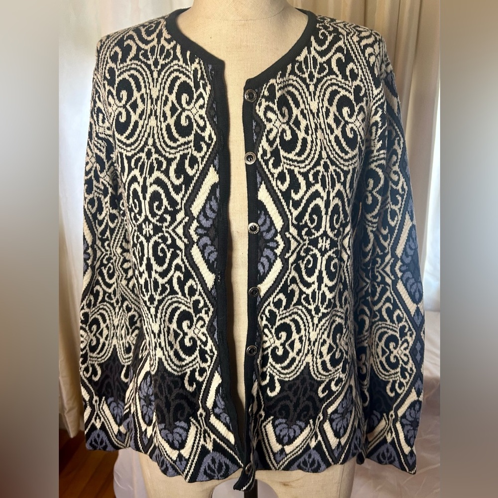 Intiwara 100% Pima Cotton Button Front Cardigan Blue Gray & White Design Size L